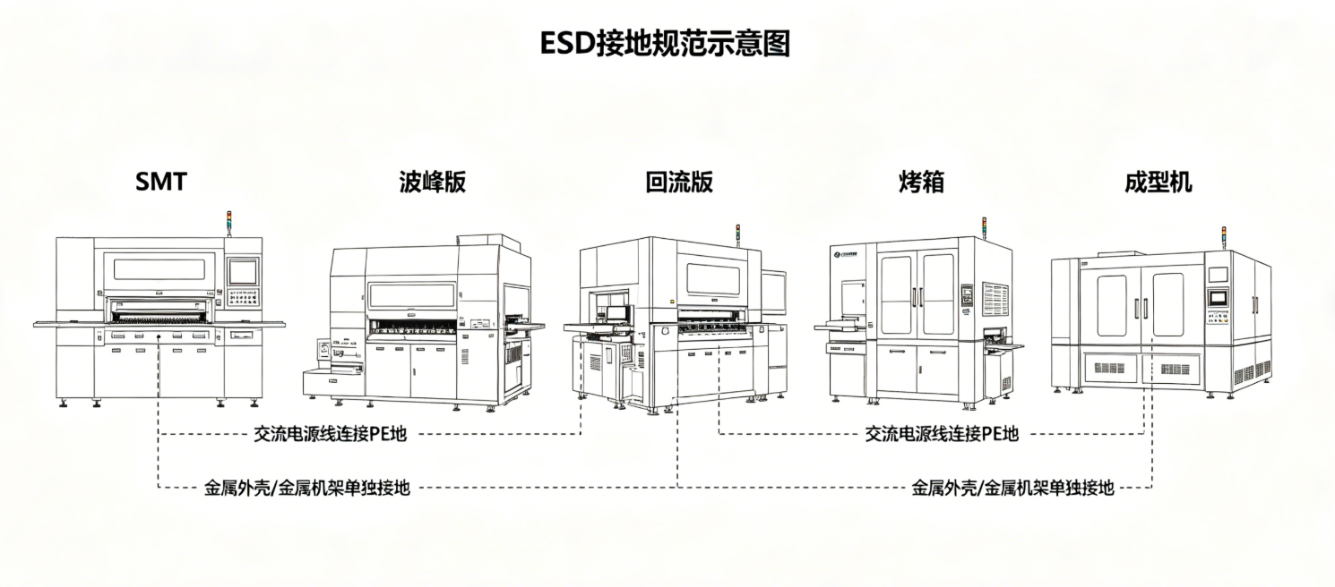 大型设备（SMT、波峰焊、回流焊、烤箱、成型机），交流电源线已连接PE地，  那金属外壳/金属机架还需要接地吗？