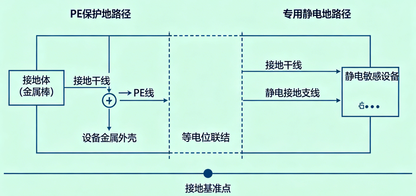 双接地系统（PE 保护地 + 专用静电地）并存的核心解决思路