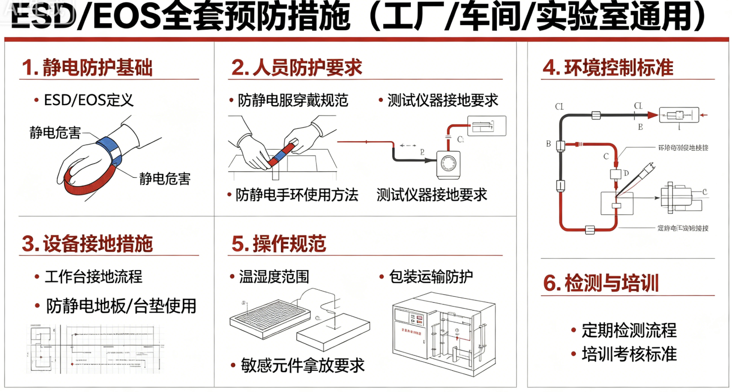 ESD/EOS 全套预防措施（工厂 / 车间 / 实验室通用，可直接做 SOP、培训教材）