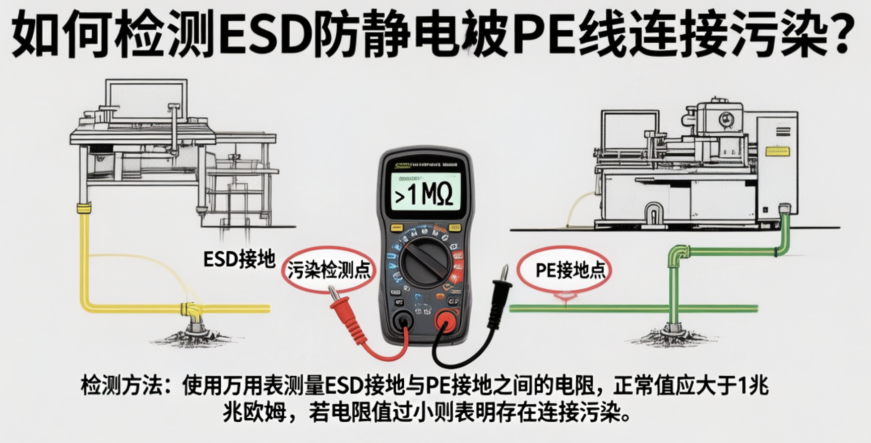 如何检测ESD防静电地是否被PE线连接污染？